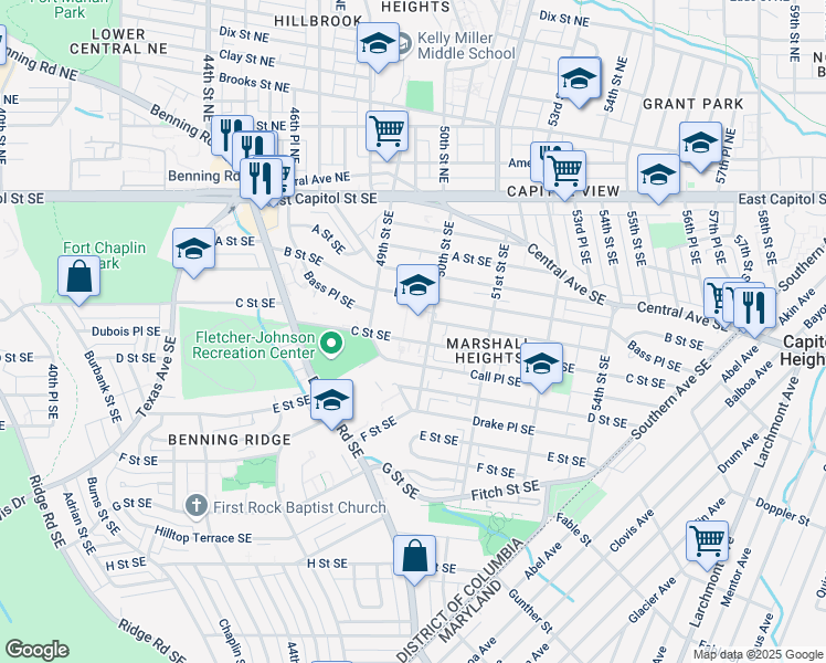 map of restaurants, bars, coffee shops, grocery stores, and more near 219 50th Street Southeast in Washington