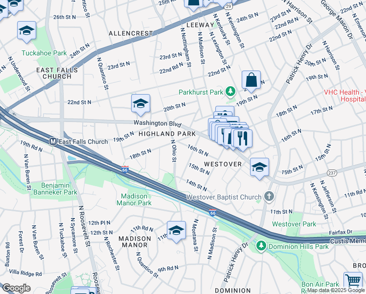 map of restaurants, bars, coffee shops, grocery stores, and more near 6020 16th Street North in Arlington