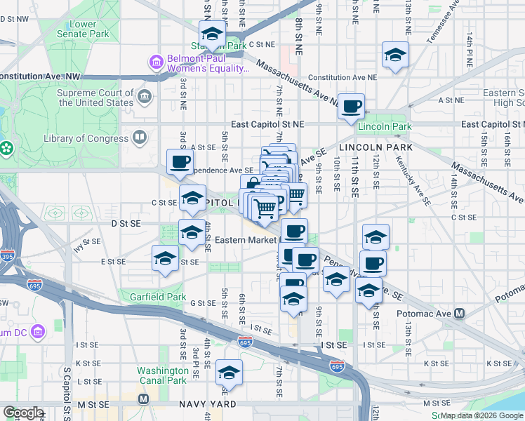 map of restaurants, bars, coffee shops, grocery stores, and more near 600 Pennsylvania Avenue Southeast in Washington