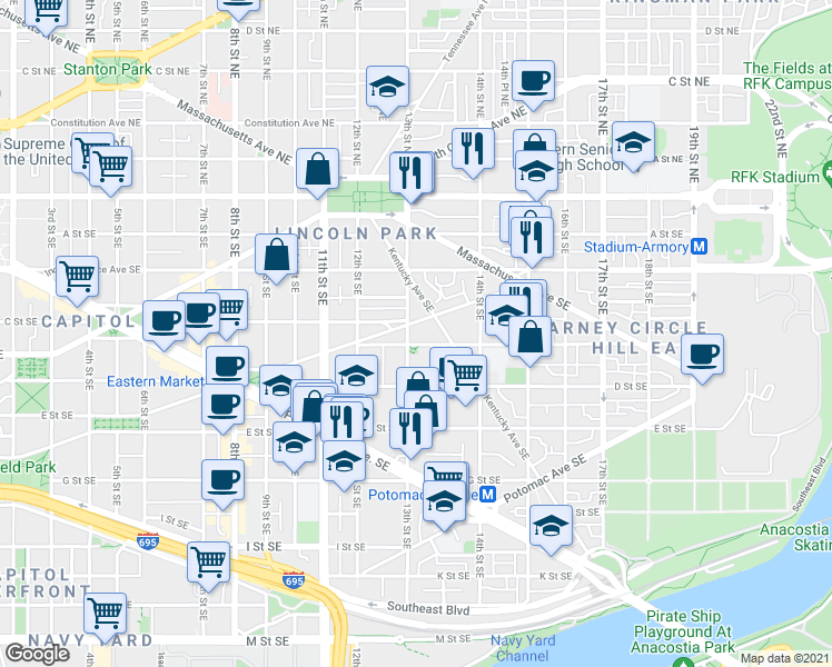 map of restaurants, bars, coffee shops, grocery stores, and more near 101 Independence Avenue Southeast in Washington