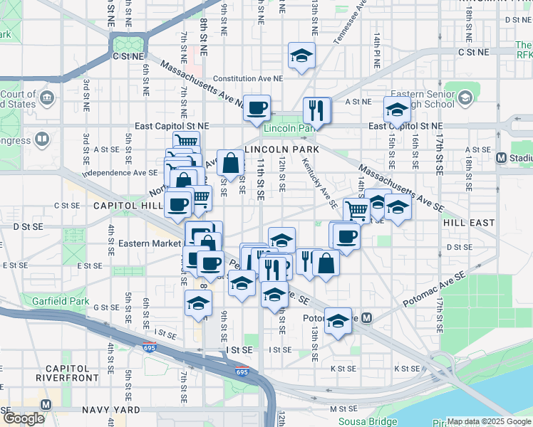 map of restaurants, bars, coffee shops, grocery stores, and more near 101 Independence Avenue Southeast in Washington