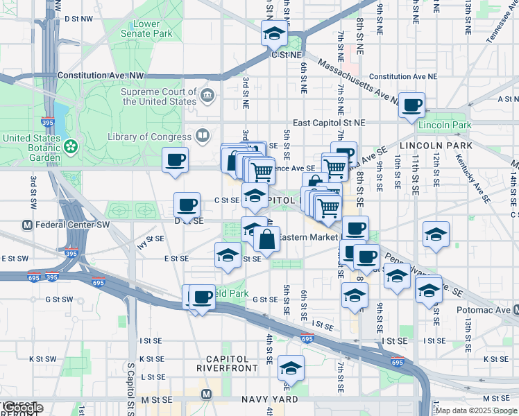 map of restaurants, bars, coffee shops, grocery stores, and more near 101 Independence Avenue Southeast in Washington