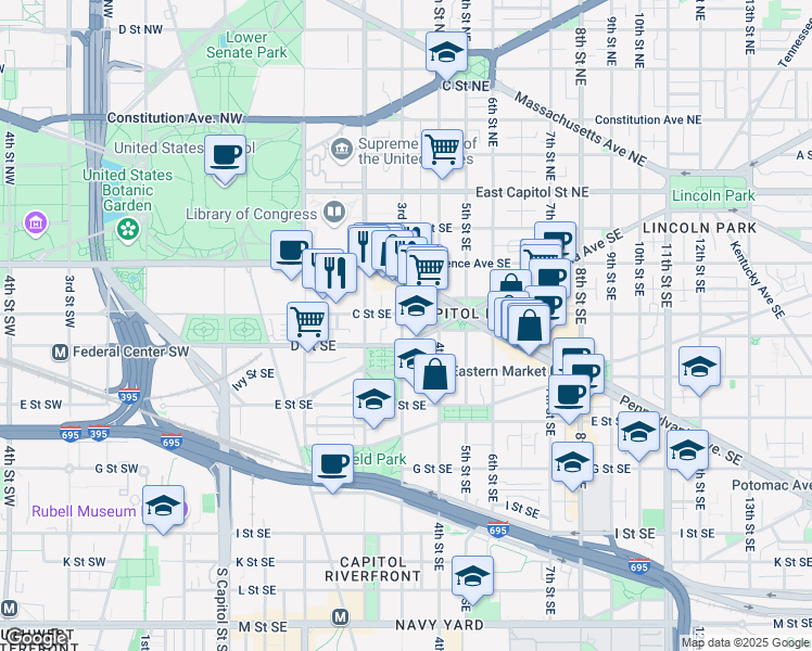 map of restaurants, bars, coffee shops, grocery stores, and more near 101 Independence Avenue Southeast in Washington