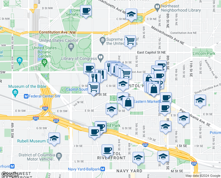 map of restaurants, bars, coffee shops, grocery stores, and more near 101 Independence Avenue Southeast in Washington