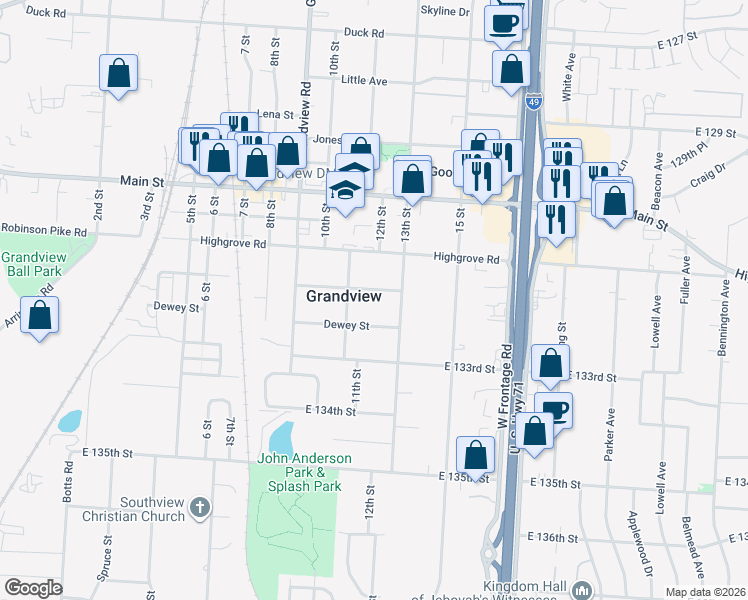 map of restaurants, bars, coffee shops, grocery stores, and more near 1201 Pinkston Street in Grandview
