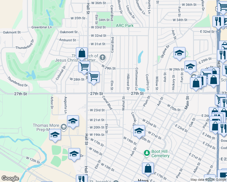 map of restaurants, bars, coffee shops, grocery stores, and more near 2710 Canal Boulevard in Hays