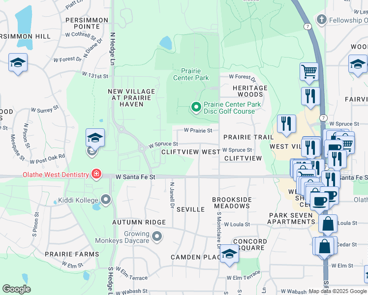 map of restaurants, bars, coffee shops, grocery stores, and more near 1720 West Spruce Street in Olathe
