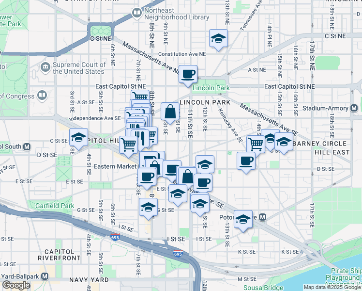 map of restaurants, bars, coffee shops, grocery stores, and more near 308 10th Street Southeast in Washington