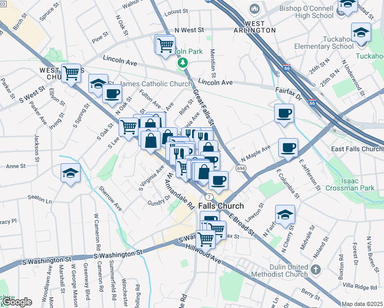 map of restaurants, bars, coffee shops, grocery stores, and more near 312 Park Avenue in Falls Church