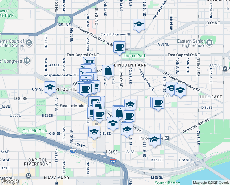 map of restaurants, bars, coffee shops, grocery stores, and more near 308 10th Street Southeast in Washington
