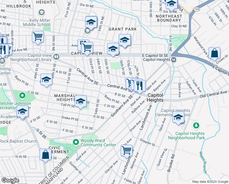 map of restaurants, bars, coffee shops, grocery stores, and more near 5502 B Street Southeast in Washington