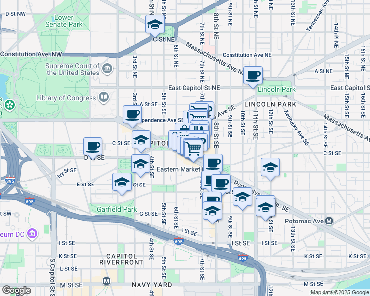map of restaurants, bars, coffee shops, grocery stores, and more near 101 Independence Avenue Southeast in Washington