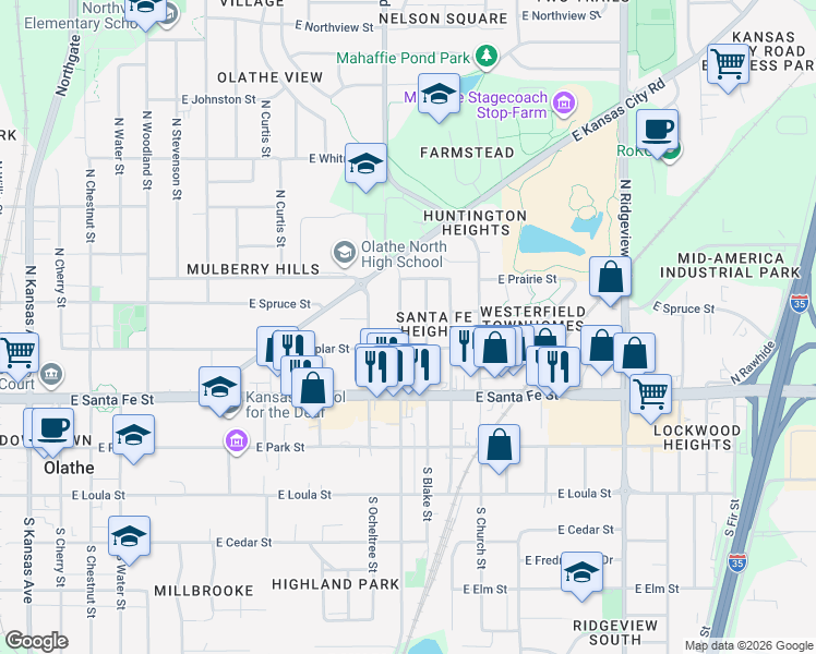 map of restaurants, bars, coffee shops, grocery stores, and more near 316 North Keeler Street in Olathe