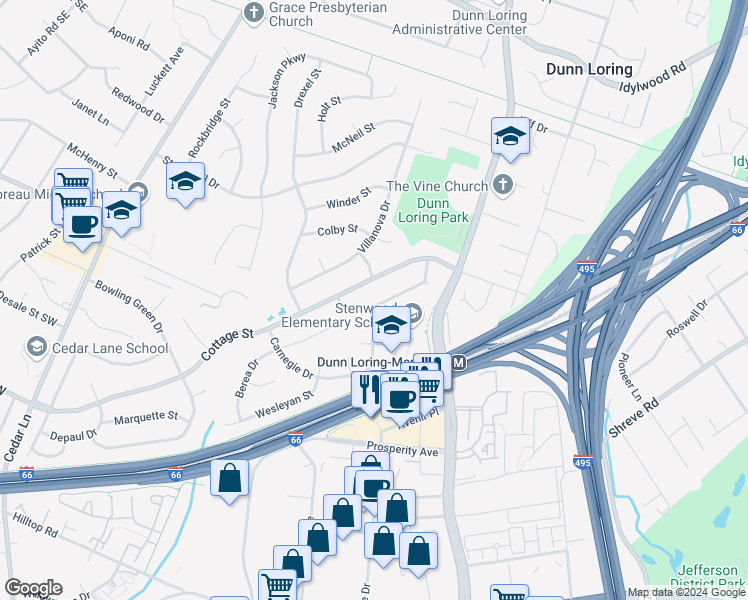 map of restaurants, bars, coffee shops, grocery stores, and more near 8224 Bucknell Drive in Vienna