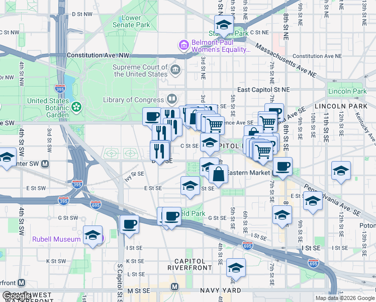 map of restaurants, bars, coffee shops, grocery stores, and more near 101 Independence Avenue Southeast in Washington