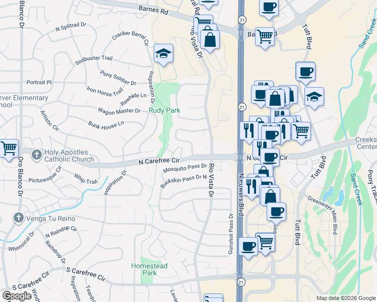 map of restaurants, bars, coffee shops, grocery stores, and more near 5511 Wilkerson Pass Drive in Colorado Springs
