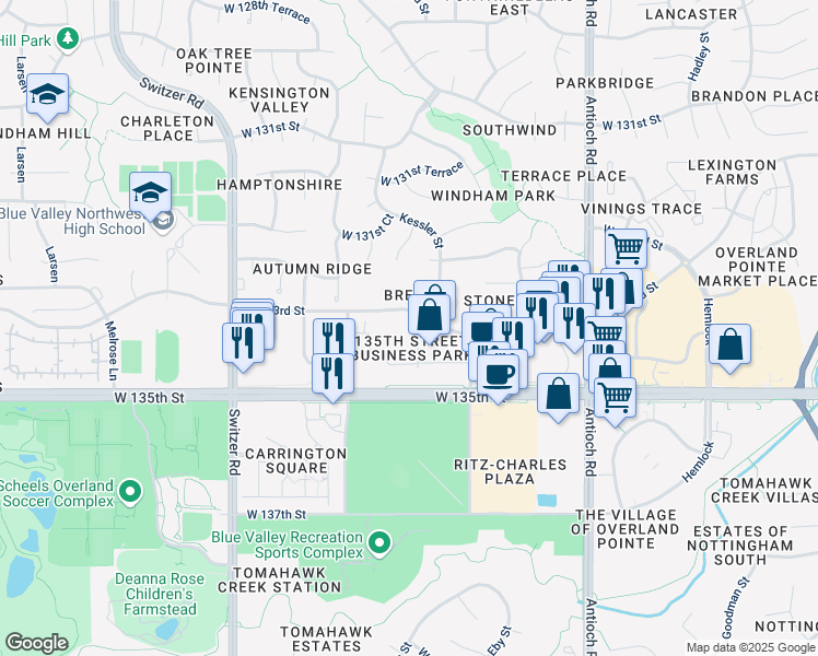 map of restaurants, bars, coffee shops, grocery stores, and more near 9201 West 133rd Street in Overland Park