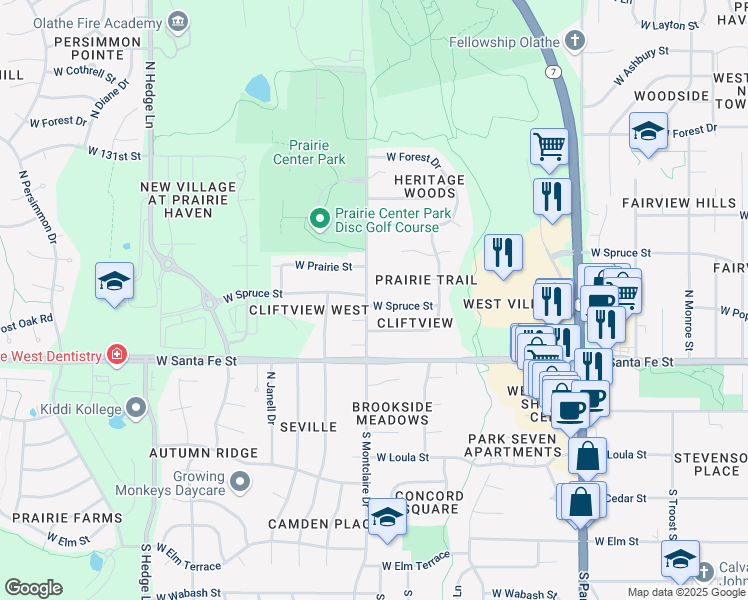 map of restaurants, bars, coffee shops, grocery stores, and more near 1520 West Spruce Street in Olathe