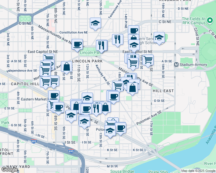 map of restaurants, bars, coffee shops, grocery stores, and more near 255 Kentucky Avenue Southeast in Washington