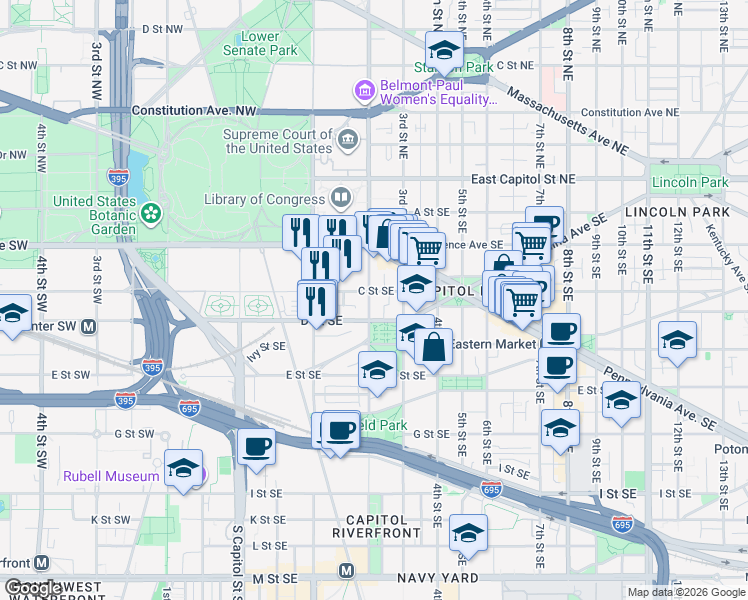map of restaurants, bars, coffee shops, grocery stores, and more near 101 Independence Avenue Southeast in Washington