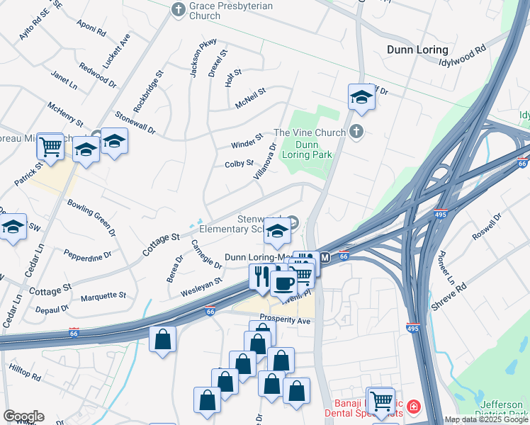 map of restaurants, bars, coffee shops, grocery stores, and more near 8224 Bucknell Drive in Vienna