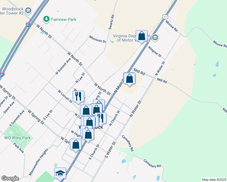 map of restaurants, bars, coffee shops, grocery stores, and more near 415 North Main Street in Woodstock