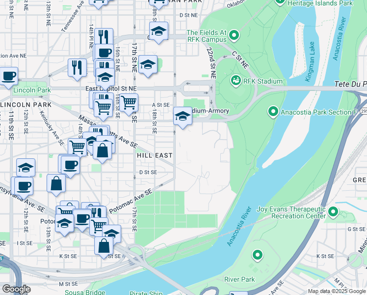 map of restaurants, bars, coffee shops, grocery stores, and more near 1900 C Street Southeast in Washington