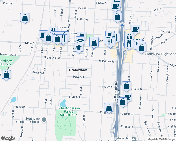 map of restaurants, bars, coffee shops, grocery stores, and more near 1201 Pinkston Street in Grandview