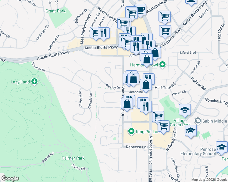 map of restaurants, bars, coffee shops, grocery stores, and more near 3654 Queen Anne Way in Colorado Springs