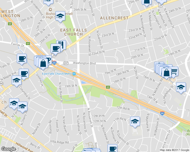 map of restaurants, bars, coffee shops, grocery stores, and more near 1834 North Quintana Street in Arlington
