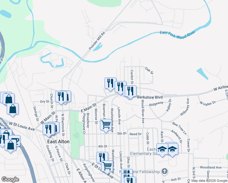 map of restaurants, bars, coffee shops, grocery stores, and more near 423 East Main Street in East Alton