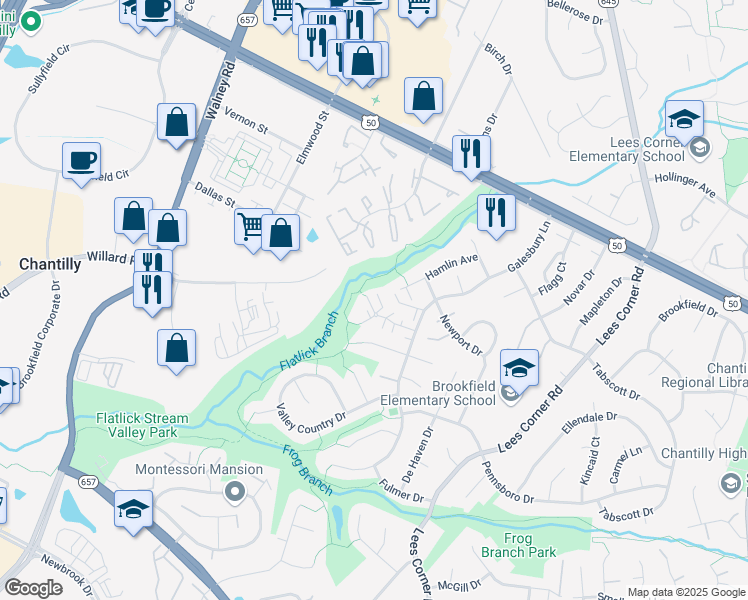 map of restaurants, bars, coffee shops, grocery stores, and more near 13887 Oyster Point Court in Chantilly