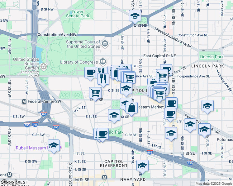 map of restaurants, bars, coffee shops, grocery stores, and more near 215 C Street Southeast in Washington
