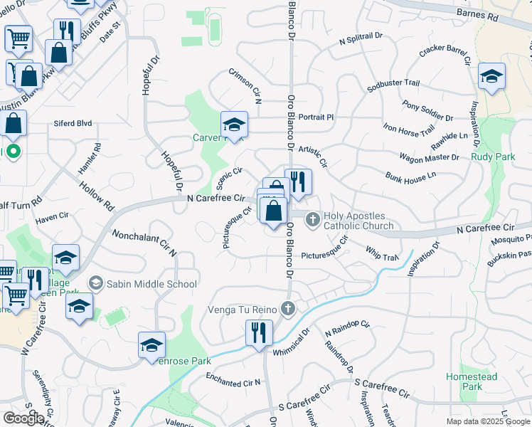 map of restaurants, bars, coffee shops, grocery stores, and more near 4625 Carefree Circle North in Colorado Springs