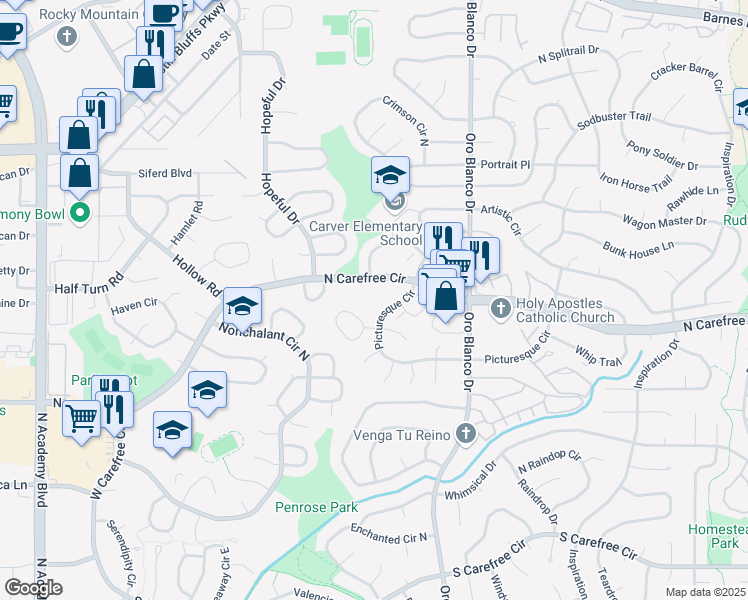 map of restaurants, bars, coffee shops, grocery stores, and more near 4523 North Carefree Circle in Colorado Springs