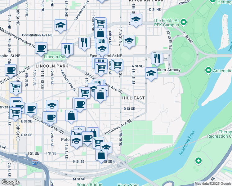 map of restaurants, bars, coffee shops, grocery stores, and more near 101 Independence Avenue Southeast in Washington