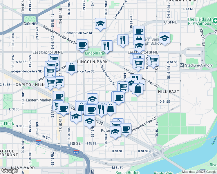 map of restaurants, bars, coffee shops, grocery stores, and more near 101 Independence Avenue Southeast in Washington