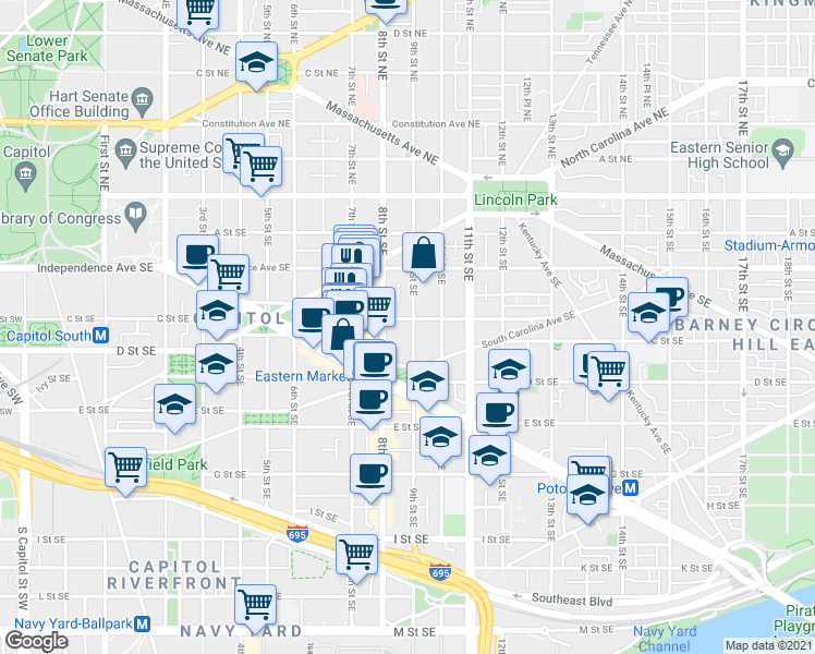 map of restaurants, bars, coffee shops, grocery stores, and more near 101 Independence Avenue Southeast in Washington