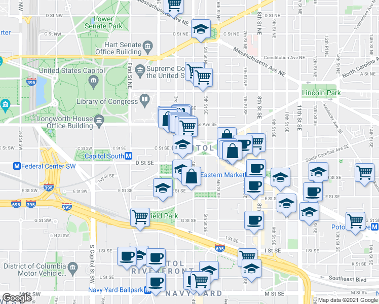 map of restaurants, bars, coffee shops, grocery stores, and more near 101 Independence Avenue Southeast in Washington