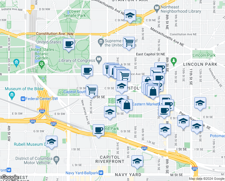 map of restaurants, bars, coffee shops, grocery stores, and more near 101 Independence Avenue Southeast in Washington