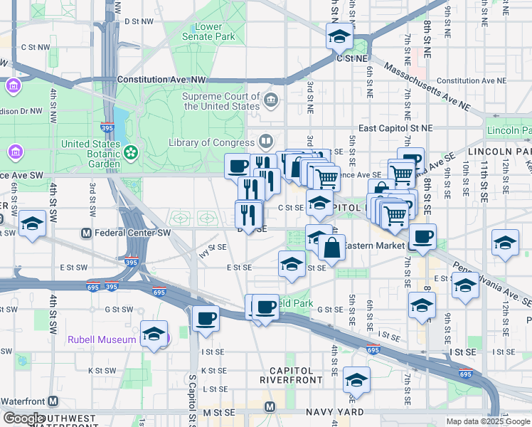 map of restaurants, bars, coffee shops, grocery stores, and more near 101 Independence Avenue Southeast in Washington