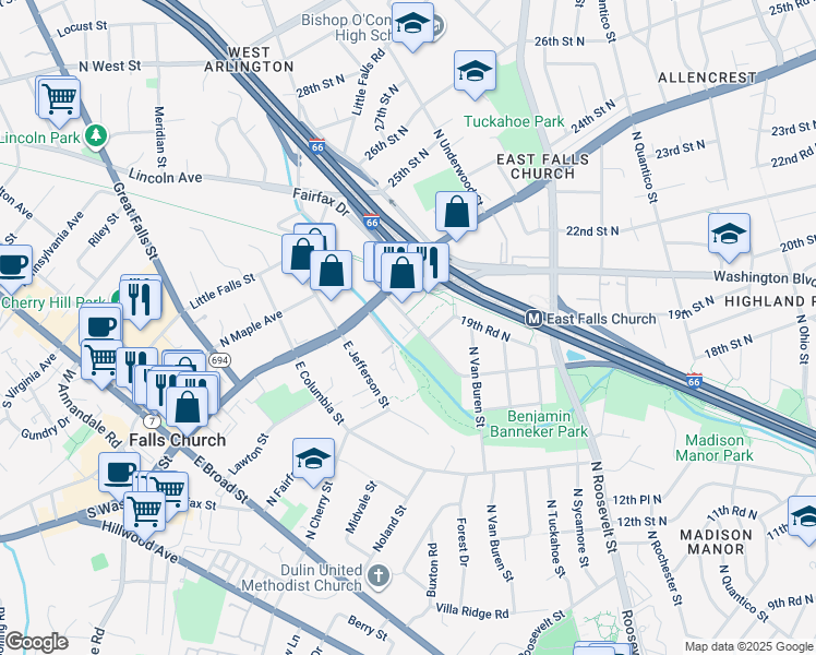map of restaurants, bars, coffee shops, grocery stores, and more near 2030 North Westmoreland Street in Arlington