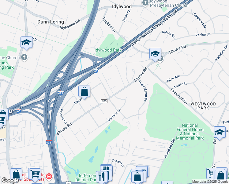 map of restaurants, bars, coffee shops, grocery stores, and more near 2553 Ogden Street in Falls Church