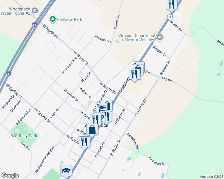 map of restaurants, bars, coffee shops, grocery stores, and more near 130 West North Street in Woodstock