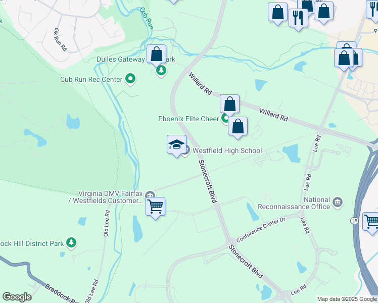 map of restaurants, bars, coffee shops, grocery stores, and more near 4700 Stonecroft Boulevard in Chantilly