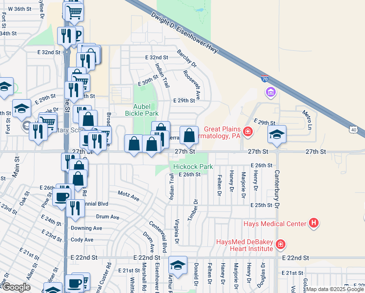 map of restaurants, bars, coffee shops, grocery stores, and more near 1601-1699 Frontage Road in Hays