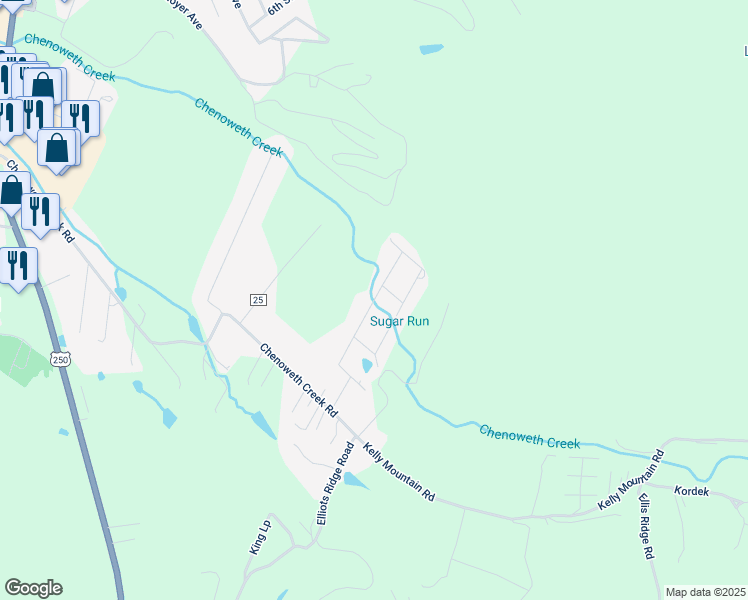 map of restaurants, bars, coffee shops, grocery stores, and more near Hillcrest Drive in Elkins