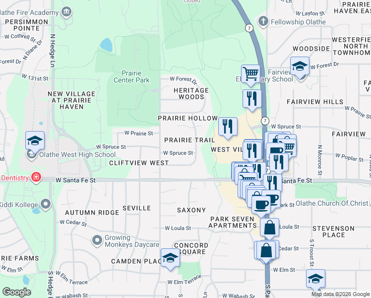 map of restaurants, bars, coffee shops, grocery stores, and more near 1421 West Prairie Street in Olathe