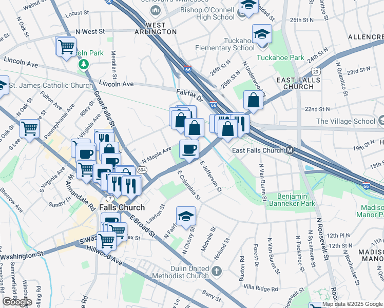 map of restaurants, bars, coffee shops, grocery stores, and more near 467 N Washington St in Falls Church