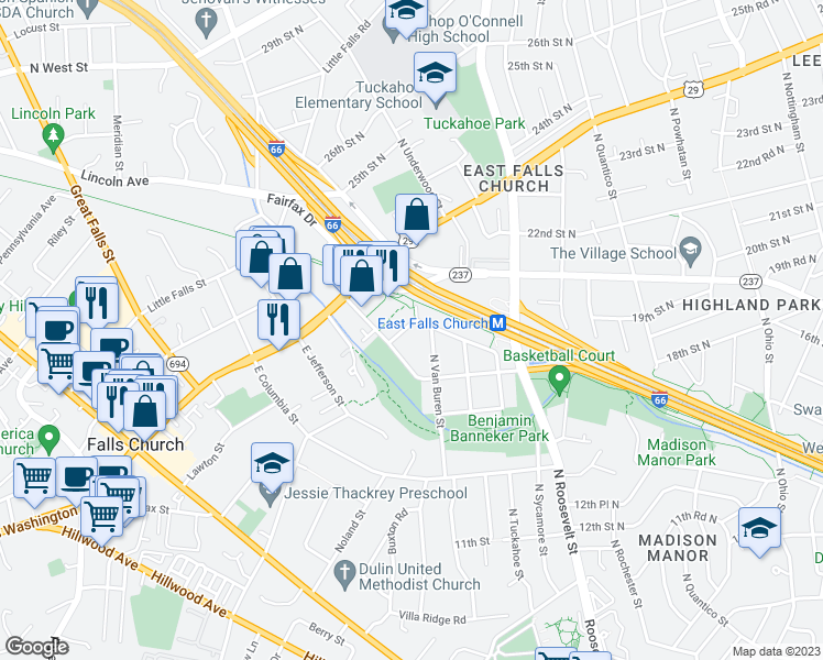 map of restaurants, bars, coffee shops, grocery stores, and more near 6816 19th Road North in Arlington